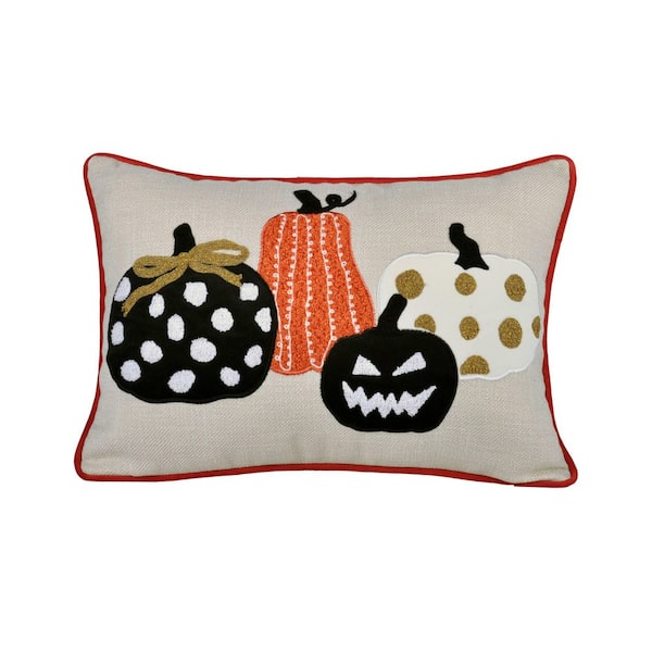 Multi 14 in. x 20 in. Halloween Pumpkin Embroidered Throw Pillow-Spooky Polka Dot Linen Cushion