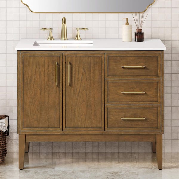 Kira 42 in. Single Sink Freestanding Warm Walnut Bath Vanity with White Engineered Stone Top