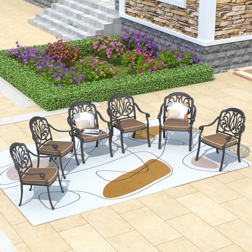 Matte Black Cast Aluminum Dining Chairs with Cushions, Set of 6