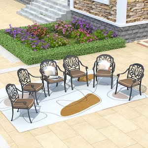 Black Stackable Cast Aluminum Patio Outdoor Dining Chairs with Random Color Seat Cushions (Set of 6)