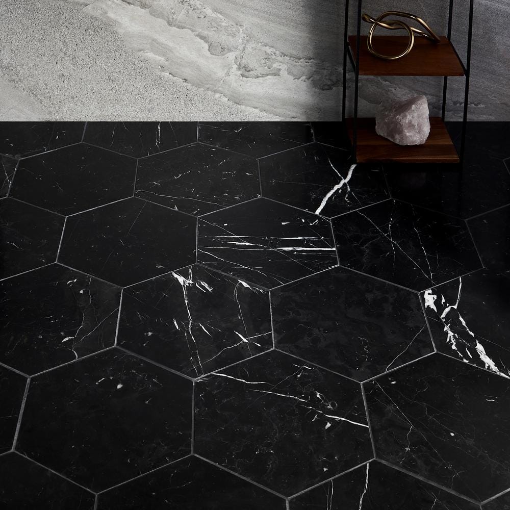 Black Hexagon Nero Marquina Marble Tile 10x10
