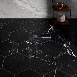 Blackout Hexagon Nero Marquina 10 in. x 10 in. Marble Floor and Wall Tile (6 sq. ft./Case)