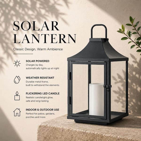 ALOA DECOR H12'' Outdoor Solar Lantern with Flickering LED Candle