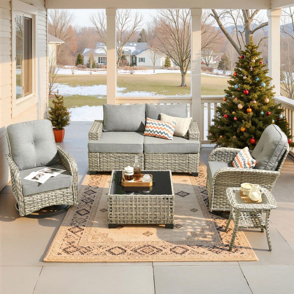 Torino Gray 6-Piece Modern Wicker Patio Conversation Deep Seating Set with Swivel Rocking Chairs and Dark Gray Cushions price history on PriceWatchPro