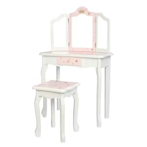 3 Foldable Mirror Pink Color with Gold Stars Kids Vanity Table Sets 2-of Pieces
