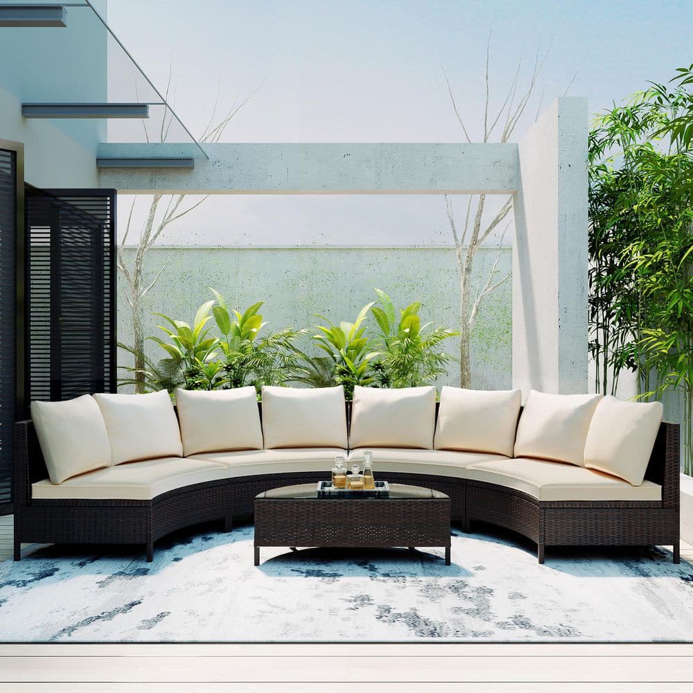 5-Piece Brown Wicker Outdoor Sectional Set with Beige Cushions