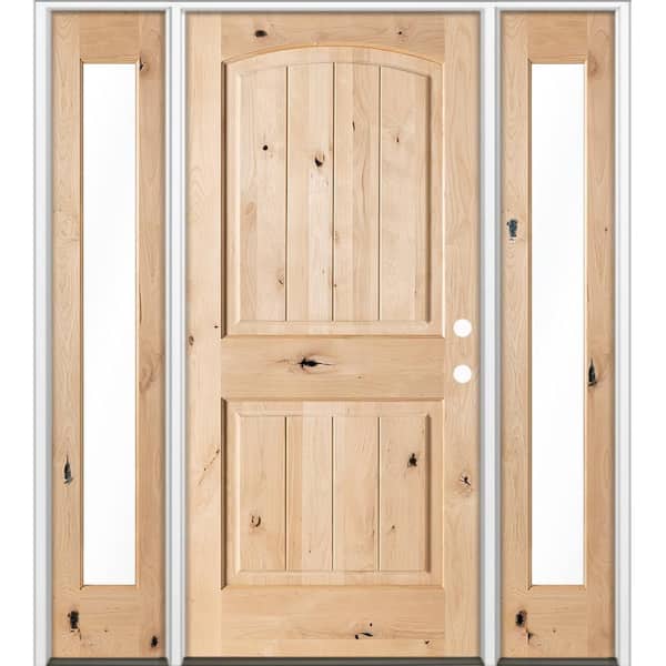 60 in. x 80 in. Knotty Alder Arch Top Left-Hand/Inswing Clear Glass Unfinished Wood Prehung Front Door with DFSL