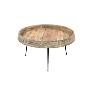 Gia 28.5 in. Natural Brown and Black Round Wooden Handcrafted Coffee Table with Carved Edge and Metal Legs