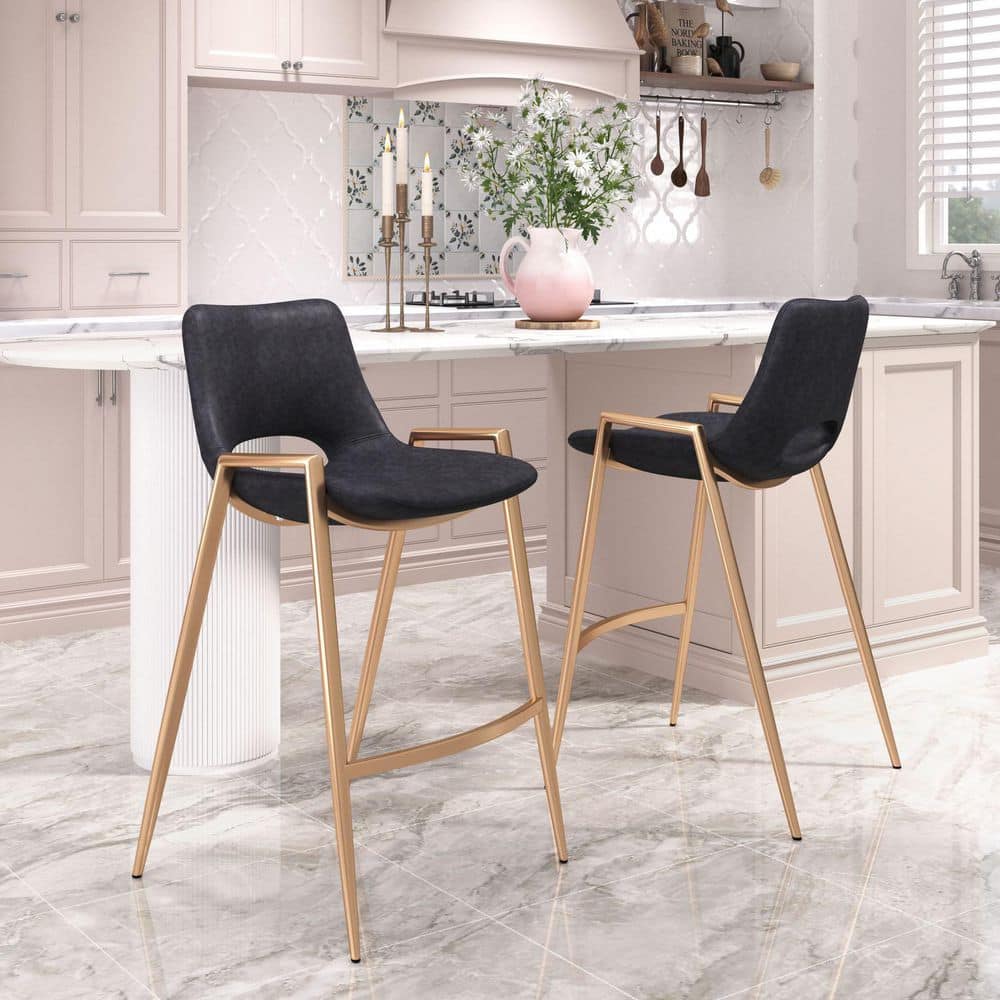 19.9 in. H Black / Gold Finish High Back Wood Bar Stool with Faux Leather Square Seat (Set of 2) price history on PriceWatchPro