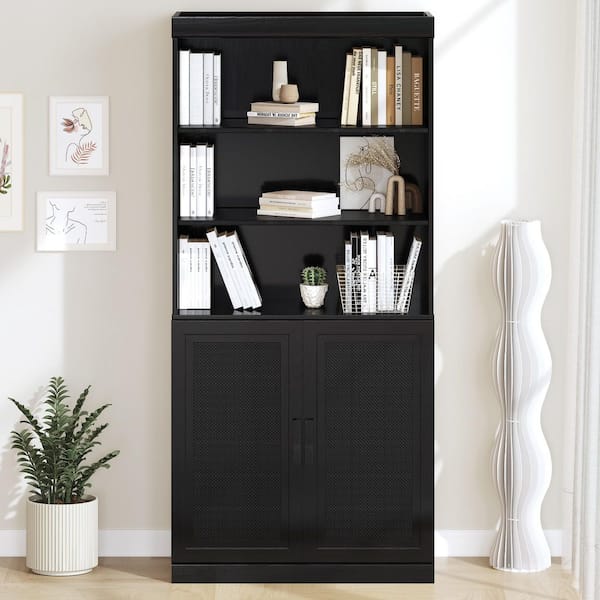 Dovelina 67 in. Tall Black Rattan Wood 5-Shelf Accent Bookcase with Adjustable Shelves