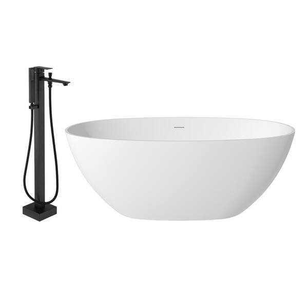 CASAINC 59 in. x 29 in. Soaking Bathtub Solid Surface Stone Bathtub with Center Drain and Shower Faucet in Matte White