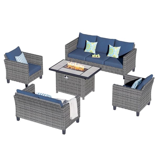 New Star Gray 5-Piece Wicker Patio Rectangle Fire Pit Conversation Seating Set with Blue Cushions
