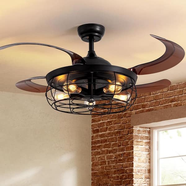 Pacific Core 48 in. Industrial Indoor Retractable Black Caged Ceiling Fan with Remote Included with No Bulb Included