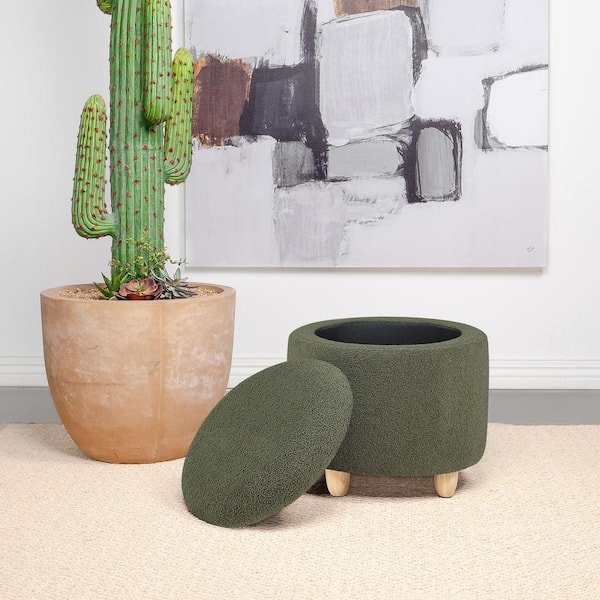 Coaster Valia Green and Natural Brown Faux Sheepskin Fabric Upholstered Round Storage Ottoman