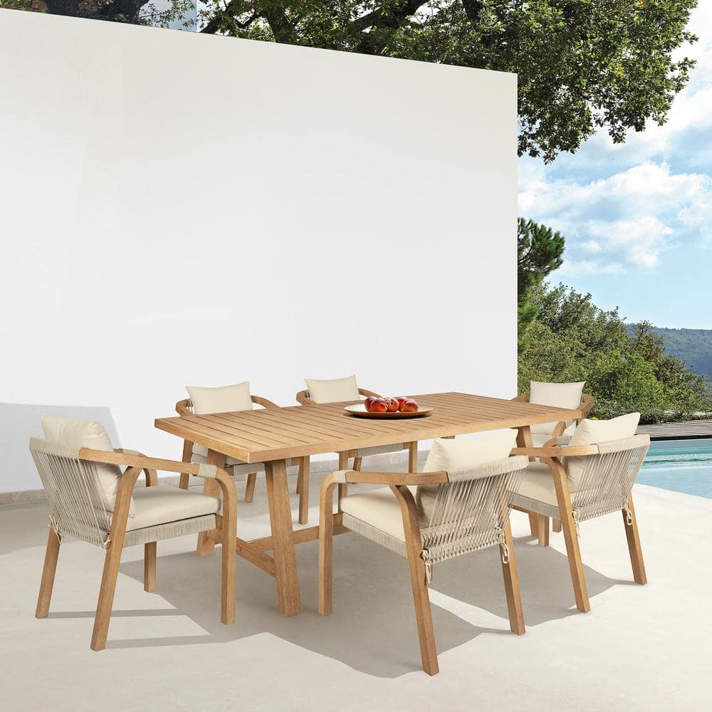 Cypress Brown 7-Piece Eucalyptus Wood Outdoor Dining Set with Ivory Cushion