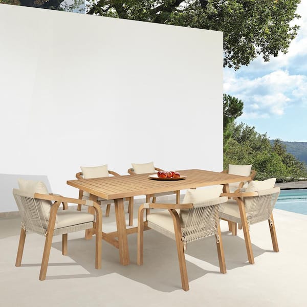 Armen Living Cypress Brown 7-Piece Eucalyptus Wood Outdoor Dining Set with Ivory Cushions