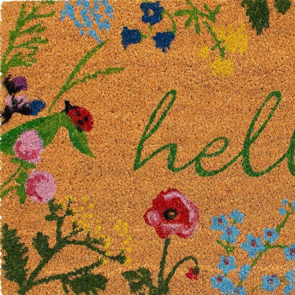 Floral Hello Coir Rectangular Outdoor Doormat, 24" x 36"