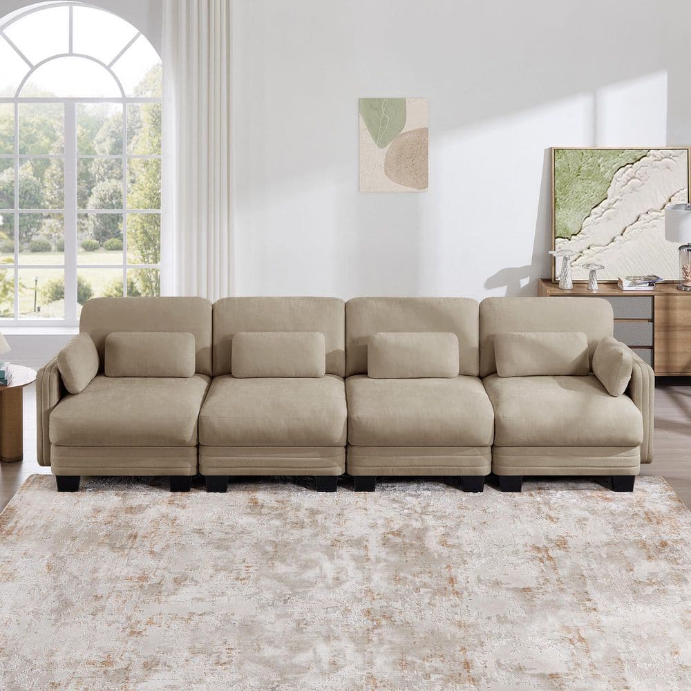 Modern 130 in. Square Arms Chenille 4-Seater Modular Sectional Sofa in Camel with Pillows