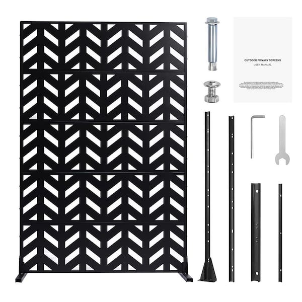 Metal Privacy Screen, 47 in. W x 72 in. H, 5-Panel Outdoor Divider, Freestanding Steel Garden Privacy Fence, Black