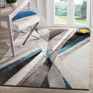 Hollywood Gray/Teal 5 ft. x 5 ft. Square Striped Abstract Area Rug
