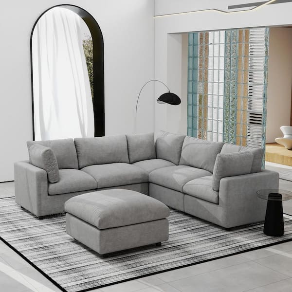 100.5 in. Square Arm Chenille L-Shaped Sectional Sofa with Ottoman For Living Room Couch in. Gray