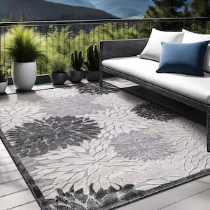Gray 6 ft. x 9 ft. Equator Floral Tropical Indoor Outdoor Area Rug