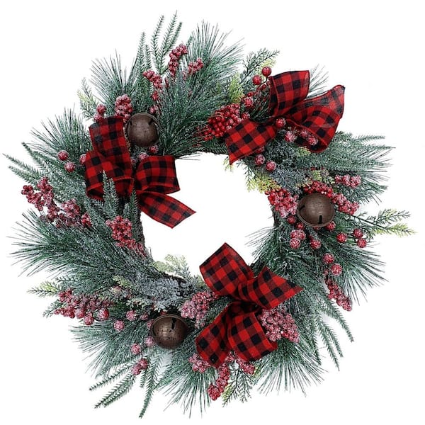 Fraser Hill Farm 24 in. Frosted Artificial Christmas Wreath with Red Berries, Plaid Bows and Rustic Sleigh Bells
