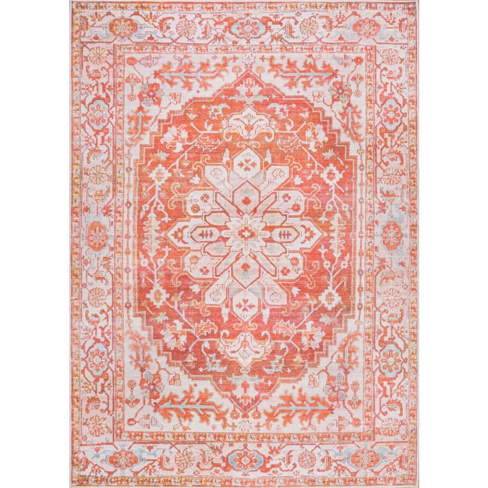 Asa Ornate Medallion Washable Orange and Cream 9' x 12' Synthetic Area Rug