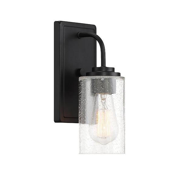 Logan 4.5 in. 1-Light Matte Black Transitional Wall Sconce with Clear Seedy Glass Shade