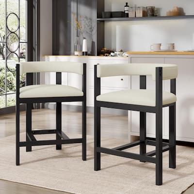 Victoria 26.5 in. Modern Upholstered Open Back Counter Stools, Rubberwood, Beige plus Black(Set of 2)