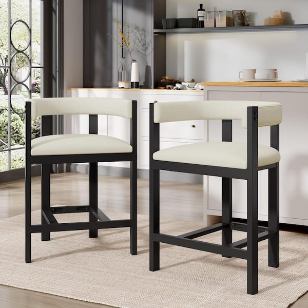 Victoria 26.5 in. Modern Upholstered Open Back Counter Stools, Rubberwood, Beige plus Black(Set of 2)