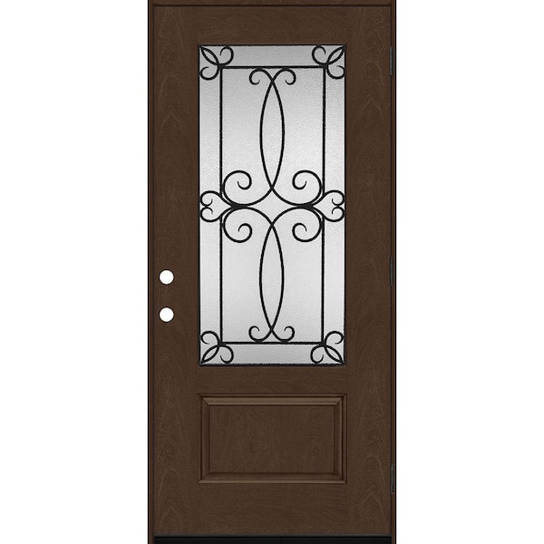 Steves & Sons Regency 36 in. x 80 in. 3/4-Lite Georgian Decorative Glass LHOS Hickory Mahogany Fiberglass Prehung Front Door