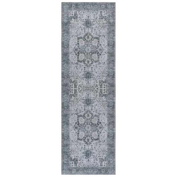 Tucson 3 ft. x 8 ft. Gray Border Medallion Washable Runner Rug