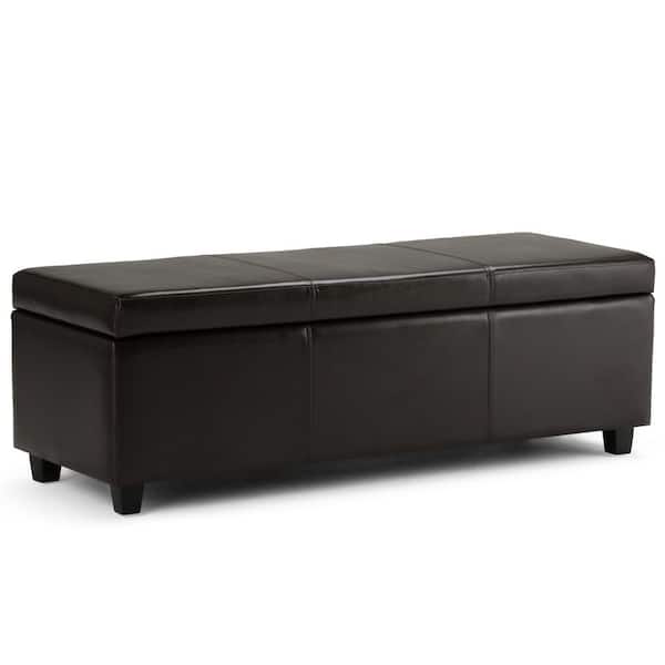 Simpli Home Avalon 48 in. Wide Contemporary Rectangle Storage Ottoman Bench in Tanners Brown Vegan Faux Leather, Assembled