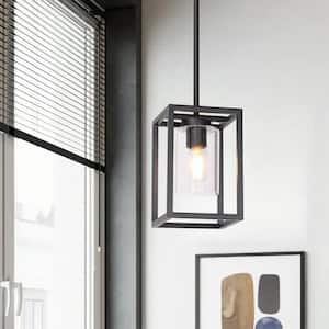 1-Light Black Modern Kitchen Island Pendant with Down Rod Hanging Light Fixture for Dining Room with Clear Glass Shade