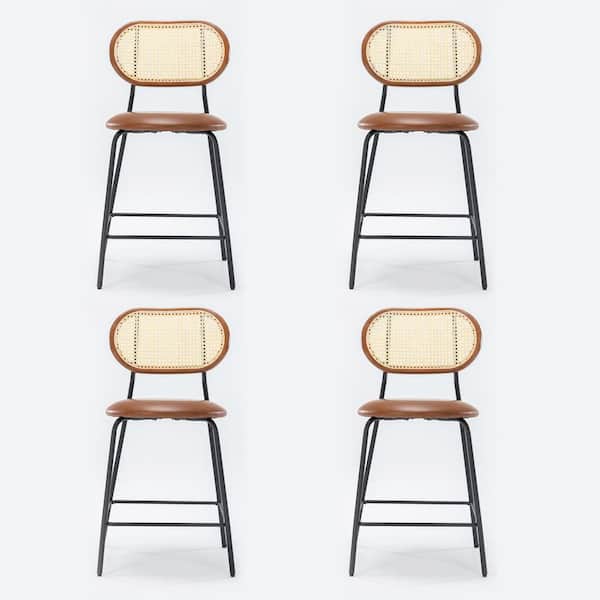 LUE BONA 38.5 in. Red Brown Wood Rattan Back Faux Leather Counter Stools with Metal Frame (Set of 4)