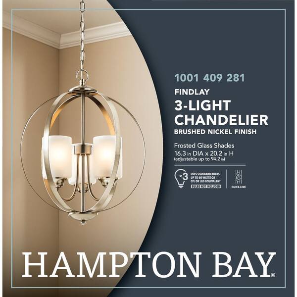 Hampton Bay Findlay 3-Light Brushed Nickel Chandelier with