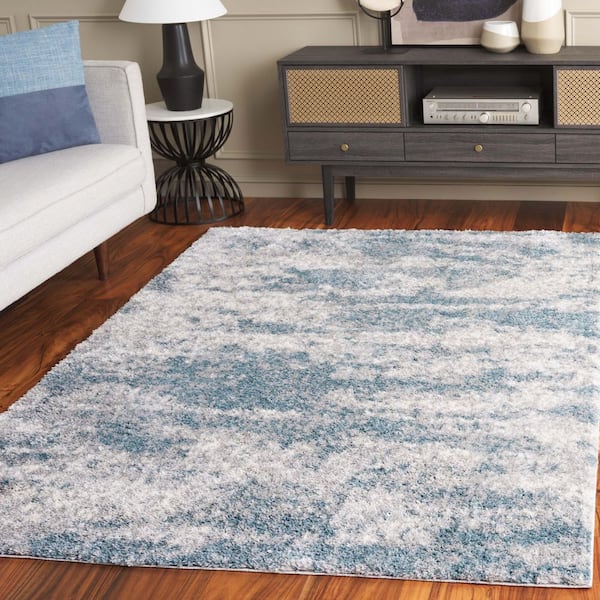 Berber Shag 4 ft. x 6 ft. Ivory/Blue Abstract Marle Area Rug