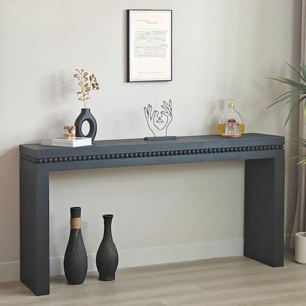 Polibi 64 in. Antique Black/Black/Wood Rectangle Wood Top Console