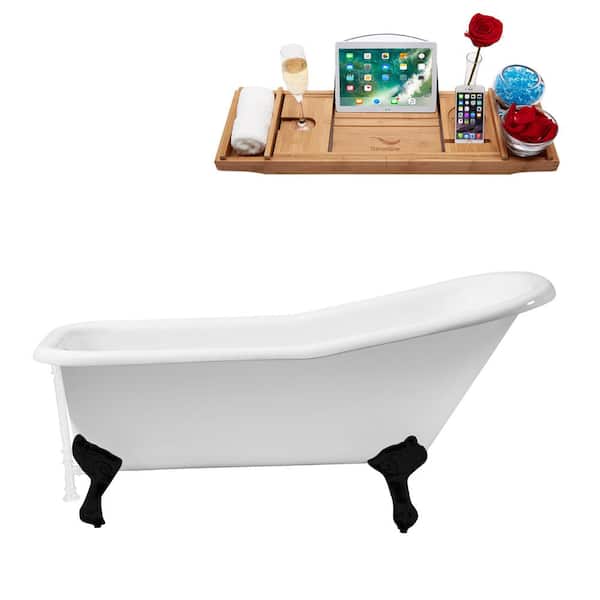Streamline 66 in. x 30 in. Cast Iron Clawfoot Soaking Bathtub in Glossy White with Matte Black Clawfeet and Glossy White Drain