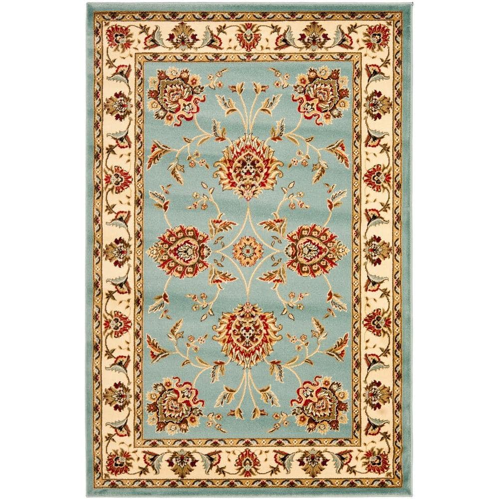 Ivory and Blue Floral Synthetic 4' x 6' Rectangular Rug