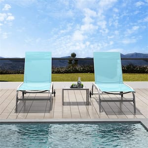 3-Pieces Aluminum Adjustable Chaise Lounge Chairs with 5-Adjustable Positions and Metal Side Table-Turquoise Blue