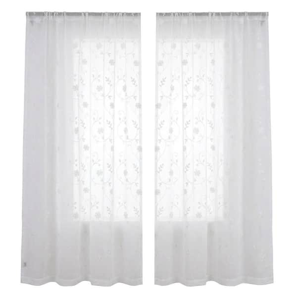 White Polyester 52 in. W x 84 in. L Flowers Printed Light Filtering Curtain (Set of 2 Panels)