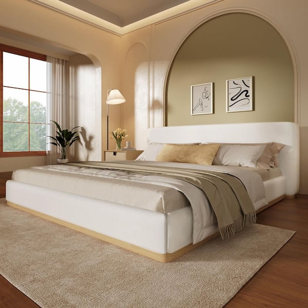 Modern White Wood Frame King Size Elegant Velvet Upholstered Platform Bed