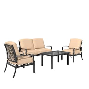 Black 4-Piece Metal Patio Conversation Set with High-density Padding Beige Cushions