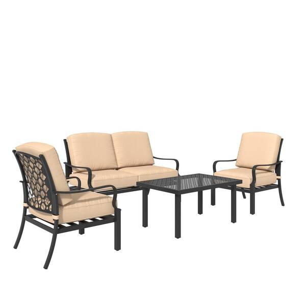 Kahomvis Black 4-Piece Metal Patio Conversation Set with High-density Padding Beige Cushions