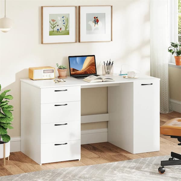 53 in. White + Black 4 Storage Drawers Computer Desk with Power Outlets Large Executive Desk