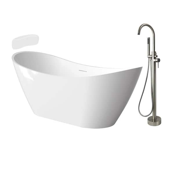 Transolid Skylar 59 in. x 30.75 in. Soaking Bathtub with Center Drain in Gloss White/Brushed Nickel with Faucet and Pillow