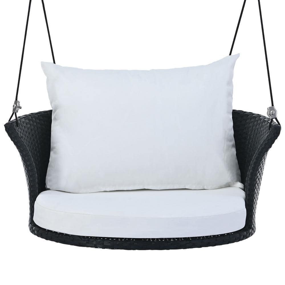 33.8 in. W 1-Person Black Wicker Porch Swing Porch Swing with Ropes, White 