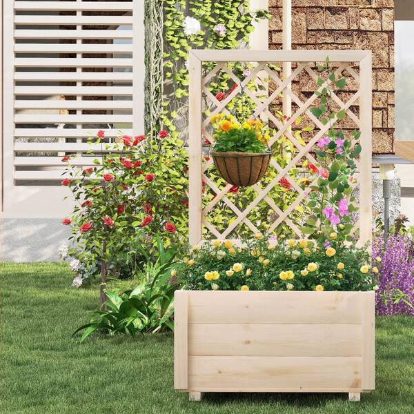 COSTWAY Raised Garden Bed with Lattice Trellis Wooden Elevated Brown